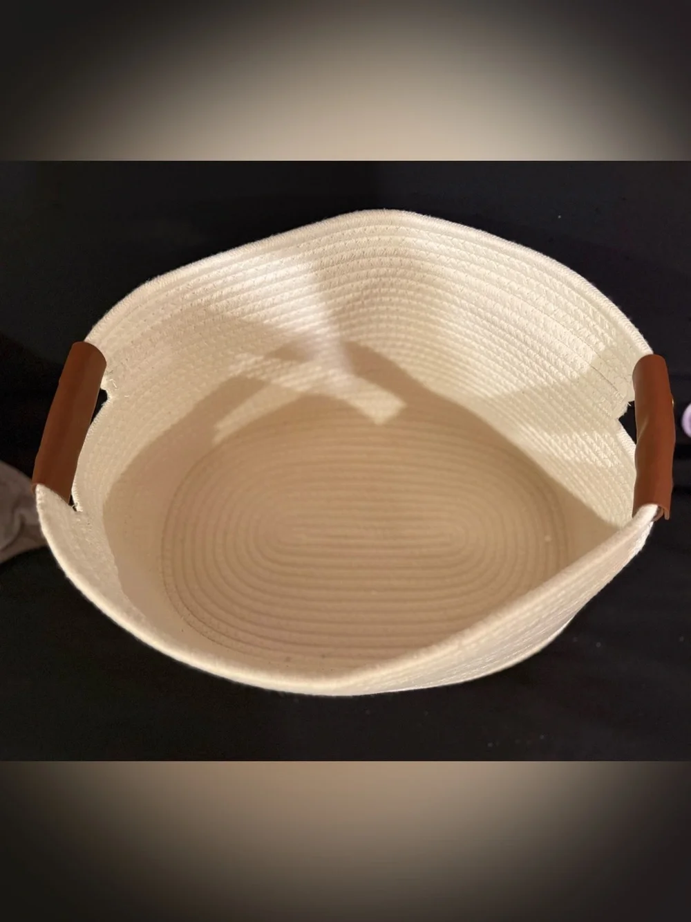 Cream Woven Rope Basket with Leather Handles.